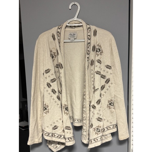 Lucky Brand Sweaters - Lucky Brand Lucky Lotus Beige Cream Aztec Embroidered Knit Wrap Cardigan‎ L